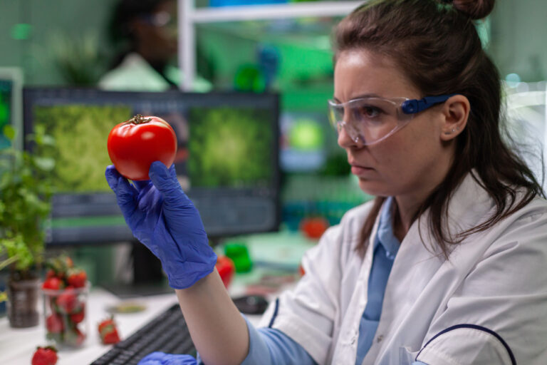 vista-frontal-de-uma-pesquisadora-biologa-analisando-tomate-injetado-com-dna-quimico - Nutrição Vegetal